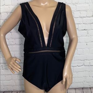 Ted Baker Pointelle Deep V swimsuit 10 black NWT